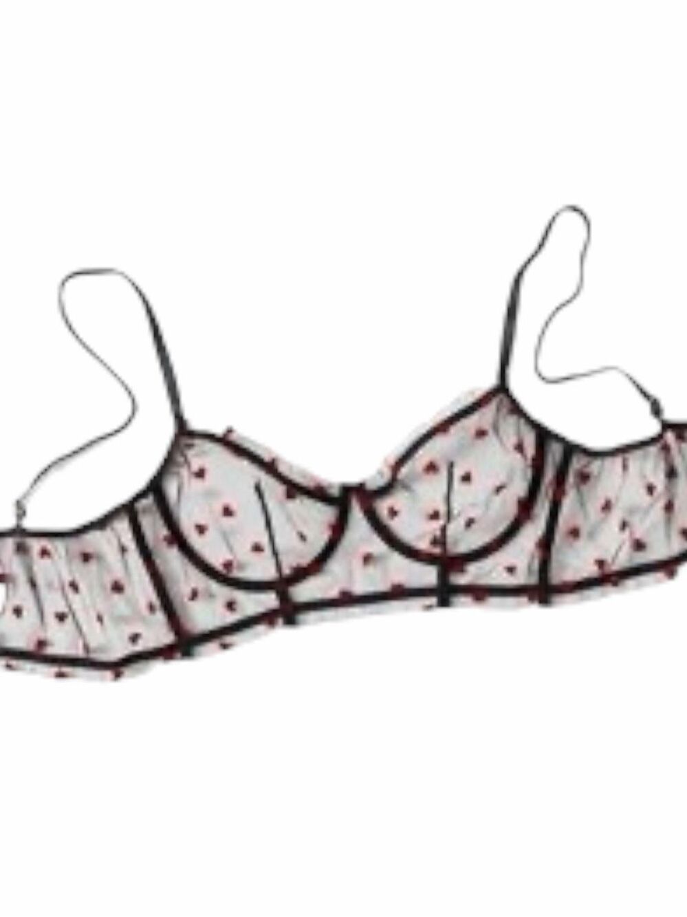 Black Mesh Underwire Bra Red Heart Embroidered Sheer Lingerie 36B